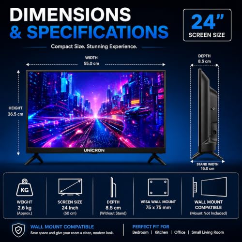 UNICRON 24 Inch HD LED TV Non Smart 20W Sound Output, Premuim Slim Design Crystal Clear Display with HDMI & USB Ports, Ideal for Home, Office & Monitor More