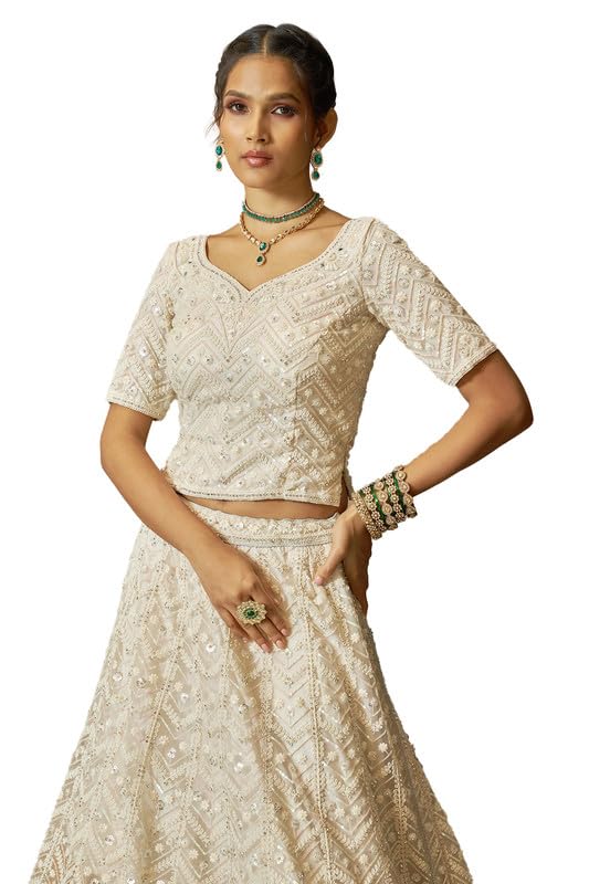 Soch Womens Cream Net Embroidered and Sequin Embellished Unstitched Lehenga Set
