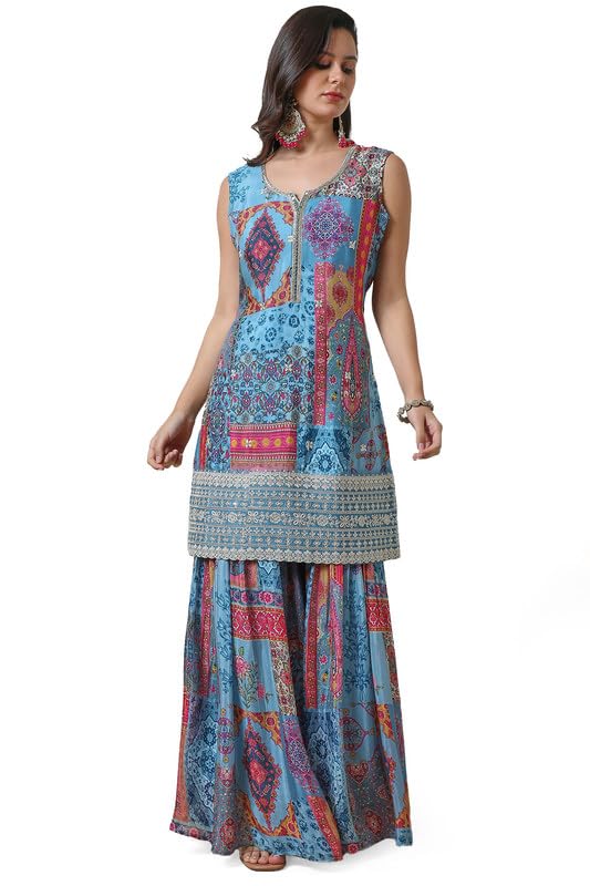 Soch Womens Powder Blue Ethnic Motifs Print Chinon Suit Set