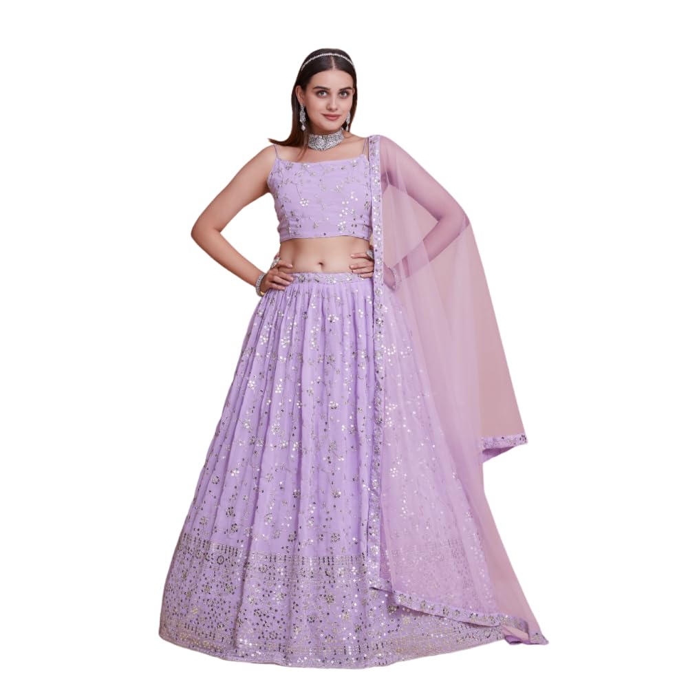 JIHU CULTURE Women Georgette Semi Stitched Lavender Embroidery Lehenga Choli Semi-Sttiched Lengha Choli With Dupatta, 3.5