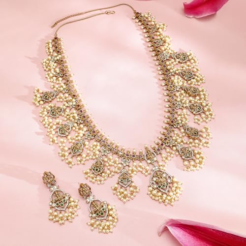 Rubans 22K Gold-Plated Temple Jewellery Set with Pink & Green Stones and Pearl Detailing