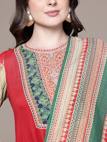 Aarke Ritu Kumar Red Prim Rose Round Neck Kurta With Pant And Dupatta