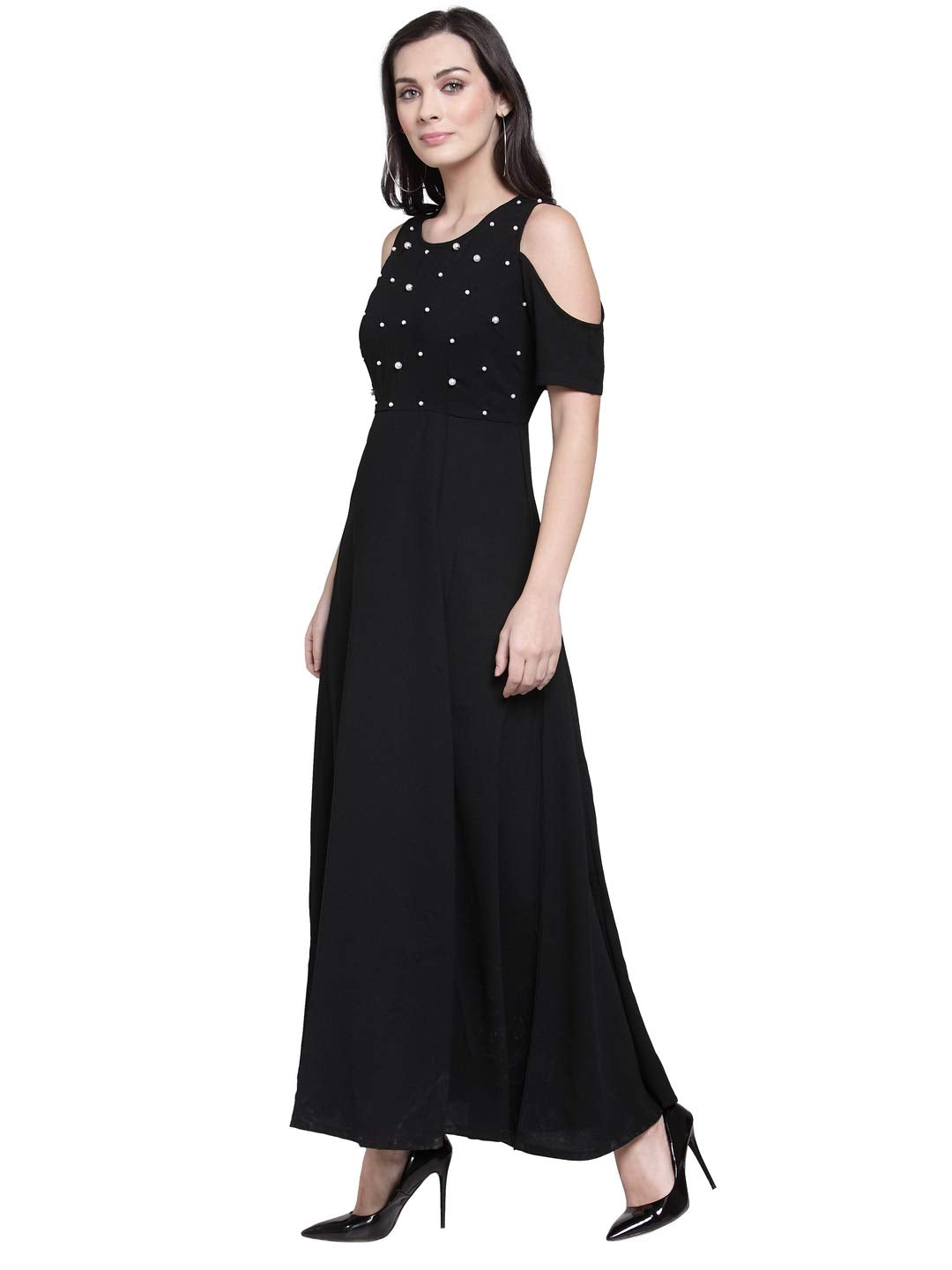 pluss Women's Georgette a-line Maxi Dress (LDR2930- Black_M)