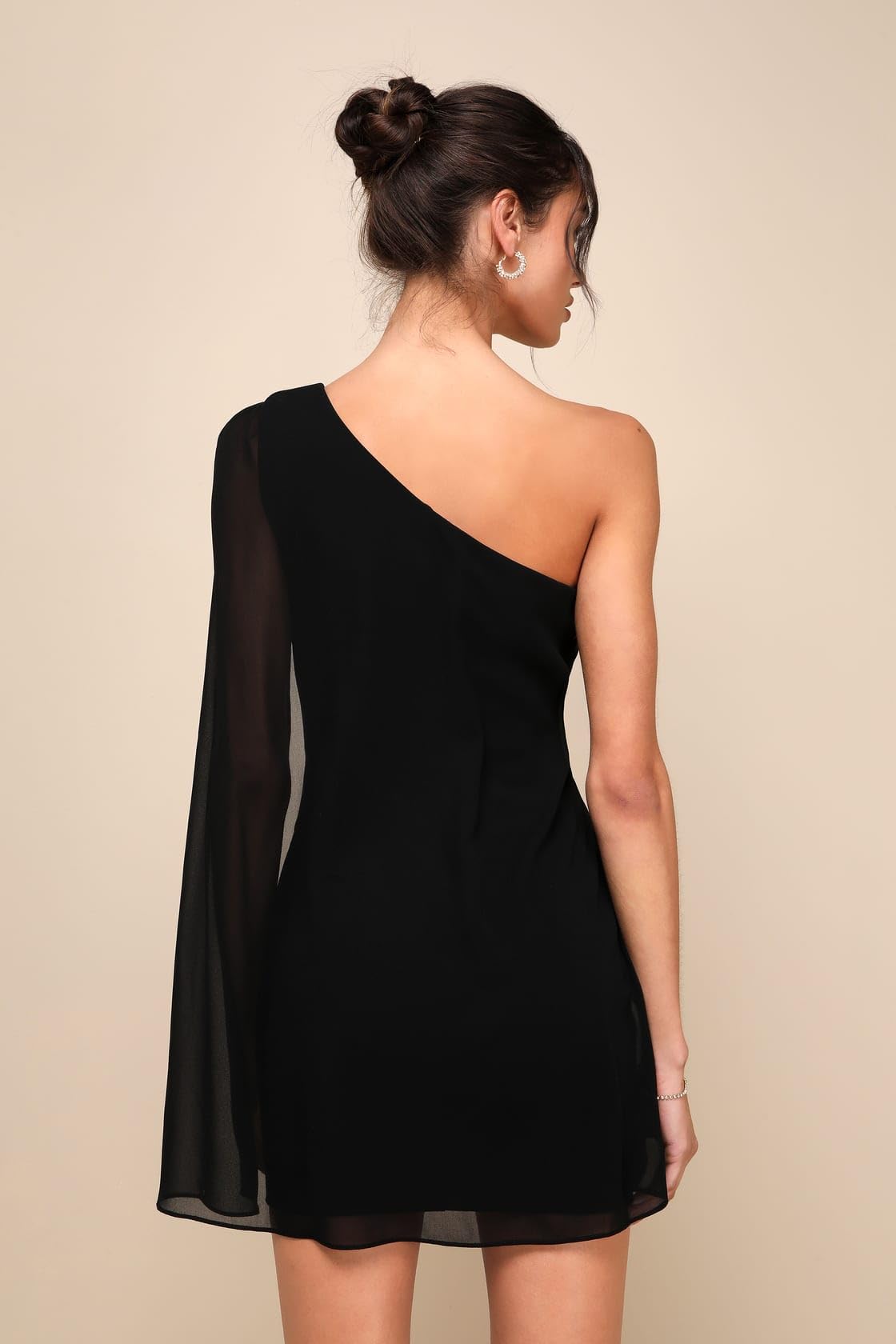 Attire Empire Women's Black Cape Sleeve One-Shoulder Mini Dress