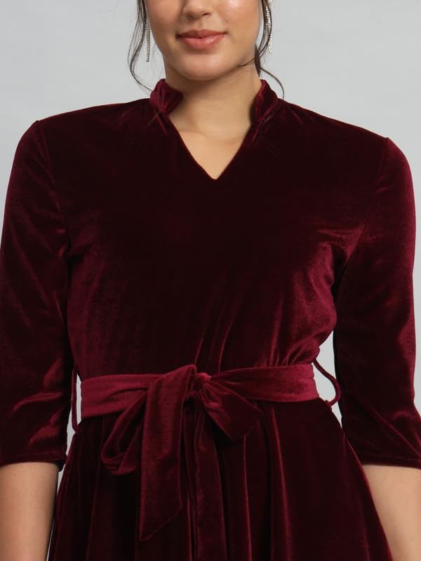 Vaararo Velvet Fit & Flare Mini Dress | Elegant with Belt & Mandarin Neck Sporty Maroon X-Small