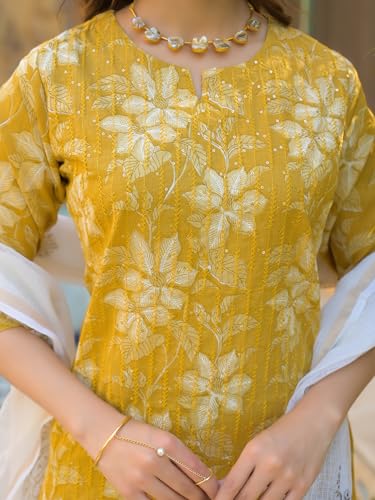 Divena Mustard Floral Print Cotton Straight fit Kurta Pant with Dupatta
