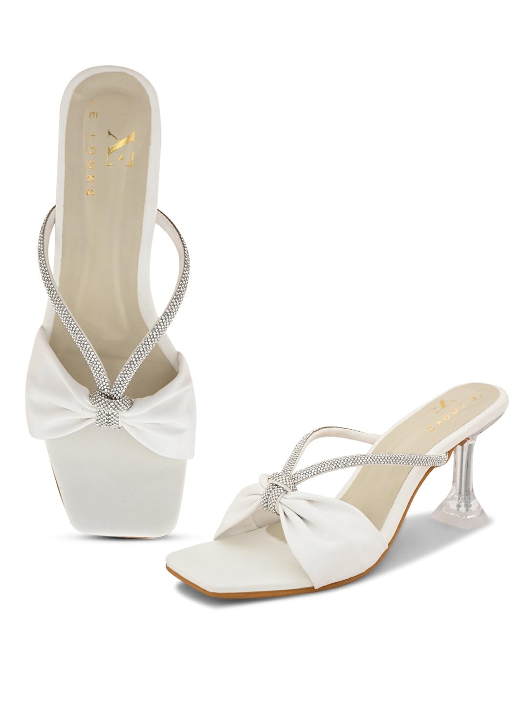 XE Looks Women's White Stylish Knot Bow Slip-On Sandals | Crystal Embellished Straps with Clear Heels | Rhinestone Strap With Transparent Block Heels For Girls & Women