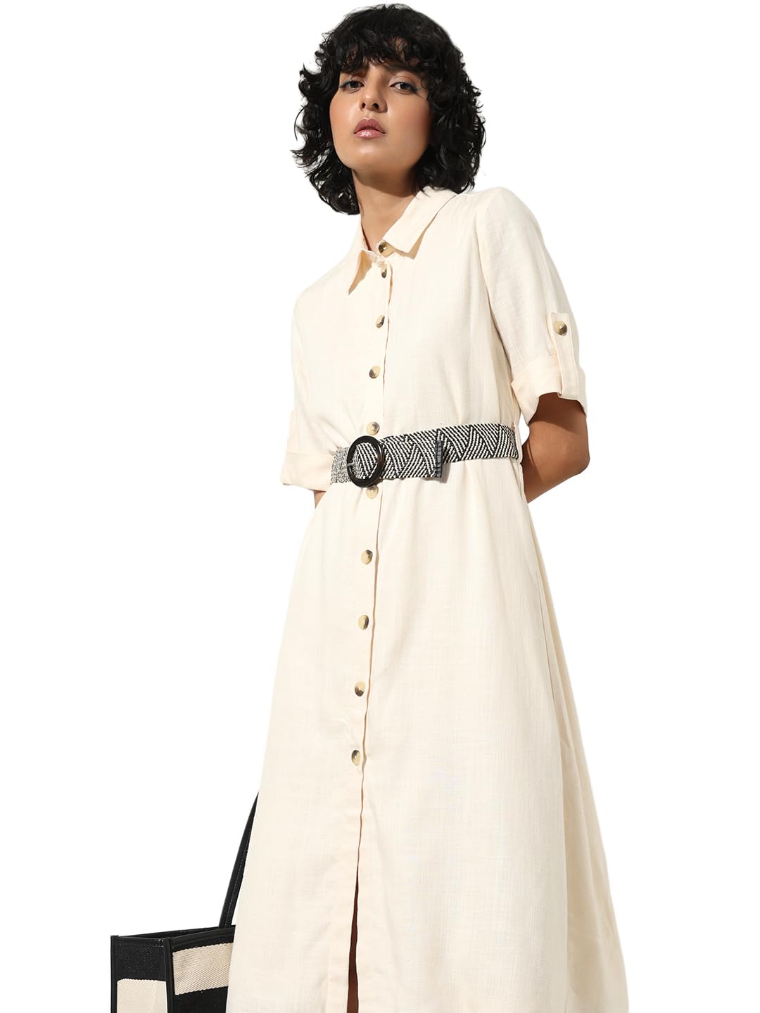 ONLY Women Solid Viscose Midi Cream Shirt Dress