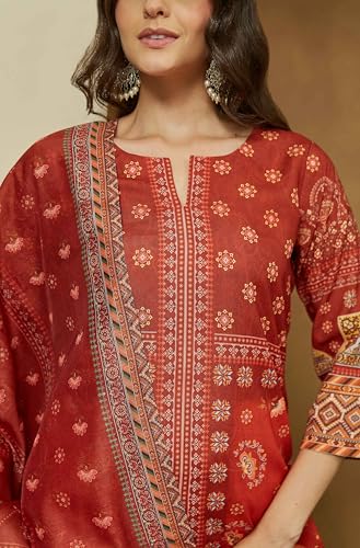 Janasya Women's Rust Orange Cotton Blend Floral Printed Pakistani Straight Kurta Set (JAC25ST02970-XL)