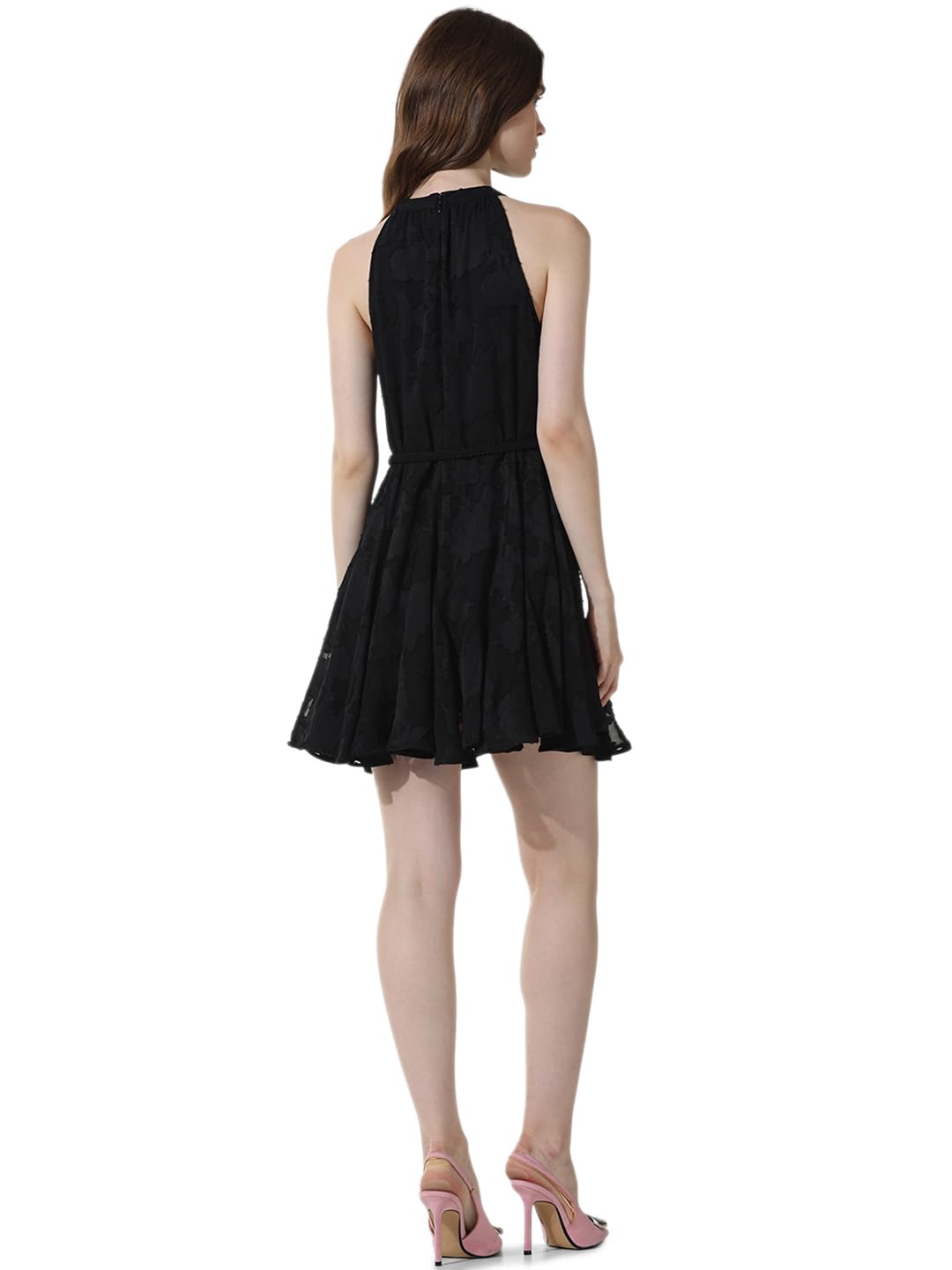 ONLY Women Self Design Polyester Above Knee Black A-line Dress