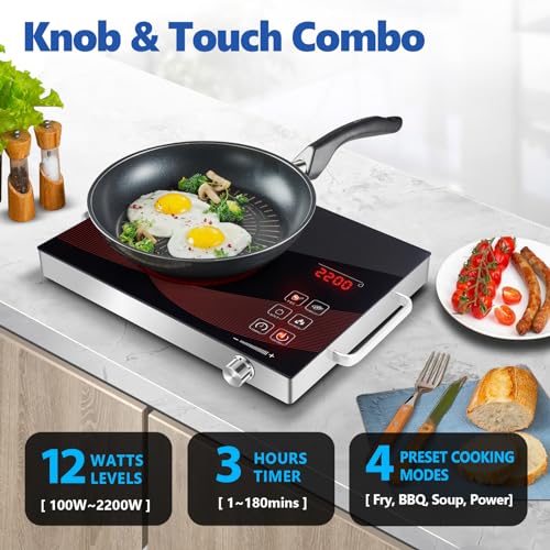 Sizzle Cook Single Burner Infrared Electric Stove, Small Countertop Portable Hot Plate for Cooking, 2200W Ceramic Glass Infrared Burner with LCD Touch Screen