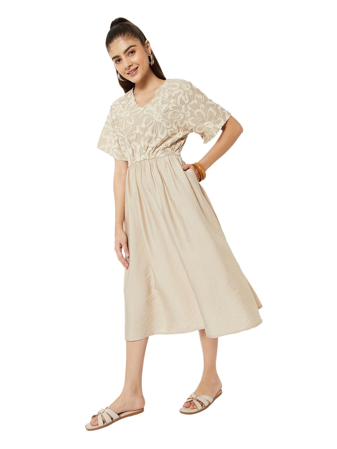 Max Women Embroidered A-line Dress (Beige_XL)