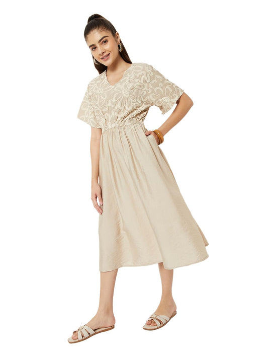 Max Women Embroidered A-line Dress (Beige_XL)