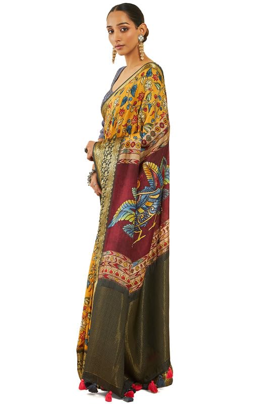 Soch Womens Mustard Crepe Saree With Floral Kalamkari Print And Zari Borders