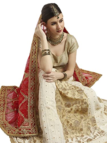 DUPATTA BAZAAR Women's heavily Embroidered Red Bridal Net Dupatta with kundan work