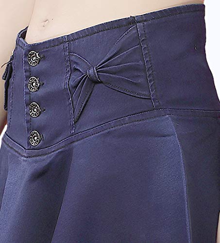 FCK-3 Stretchable Denim Dark Blue Color Flared Broad Waist Band Four Buttoned Lightly Faded Skirt for Women-32