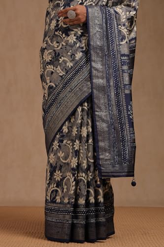 Soch Womens Navy Blue Dola Silk Floral Print Saree