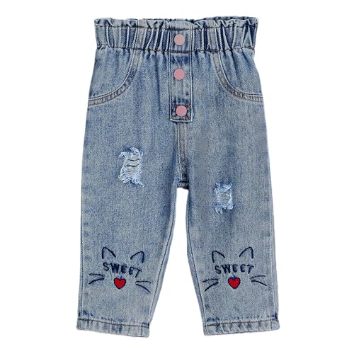 Hopscotch Girls Blue Kitty Embroidered Jeans for Ages (9-12 Months)