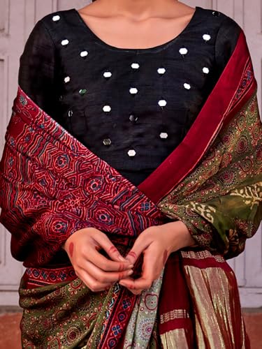 SAREE MALL Women's Olive Viscose Silk Ajrak Printed Saree With Unstitched Blouse (JOGAN102_HS)