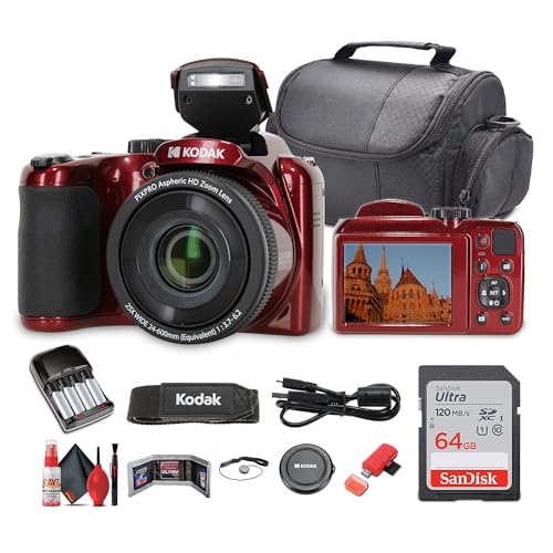 Kodak Pixpro AZ255 Digital Camera (AZ255RD) Bundle Including: 64 GB Memory Card, Rechargeable Batteries, Case, Neck Strap, Lens Caps, Full Cleaning Kit, Card Reader, Card Wallet, USB Cable, Cap Keeper