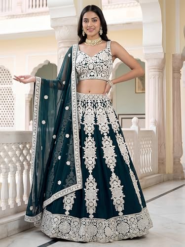Zeel Clothing Women's Sequins Thread Embroidered Georgette Designer Lehenga Choli with Dupatta (5121-Green-Womens-Lehenga-Choli-Set; Free Size) (Green)