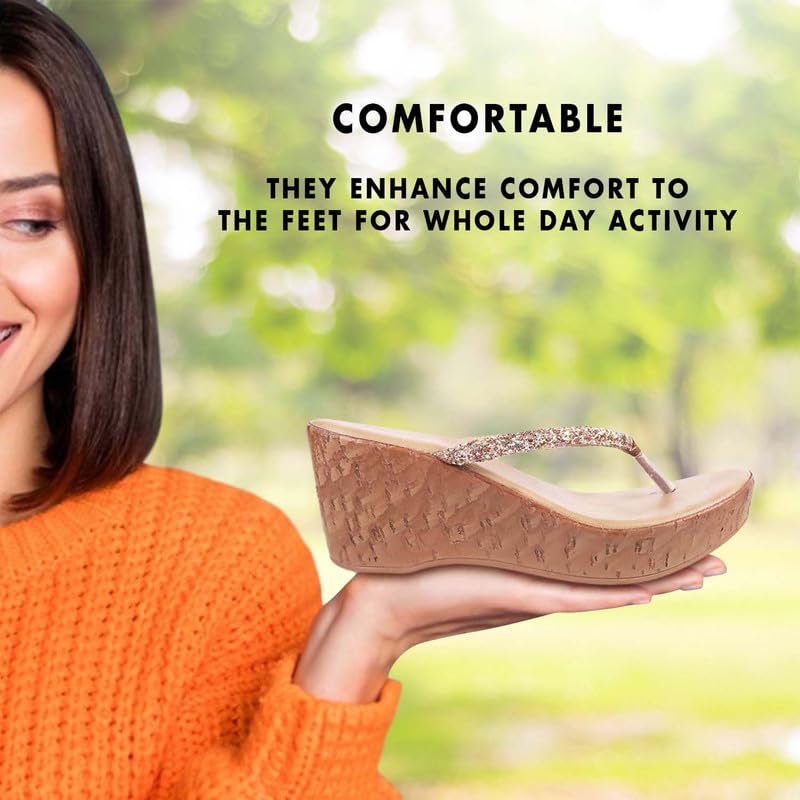 Mochi Women's Antique Gold Synthetic Slip Ons | Studded Design Wedge Heel Slip-On Shoes for Women | Light Weight Casual Fashion Footwear | Daily Wear Shoes | Size UK 7 | Premium Quality Slip Ons