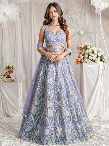 Zeel Clothing Women's Sequins Embroidered Work Soft Net Lehenga Choli With Dupatta (6020-Purple-Women-Lehenga-Choli-New; Free size)