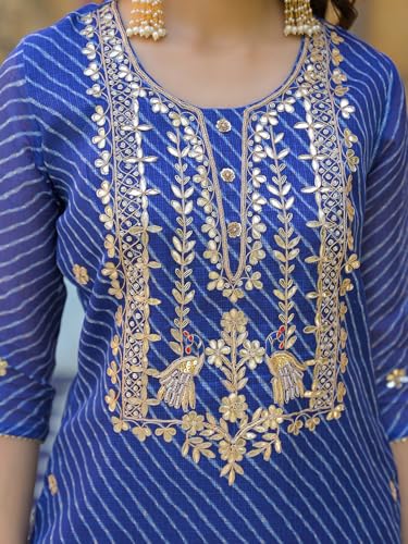 Divena Blue Leheriya Kota Doria Kurta Pant With Dupatta