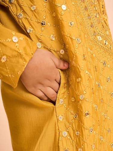 Manyavar Boys Viscose Blend Grid Embroidery & Sequins Kurta Pyjama Set (Mustard,2-3Y)