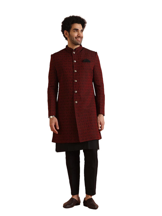 KISAH Sherwani Set for Men – Silk Blend Jacquard Indo Western Sherwani with Kurta and Trouser | Designer Ethnic Outfit for Weddings & Festivals, Maroon, 38