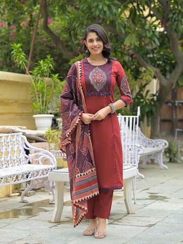 Divena Maroon Cotton Round neck Yoke work kurta Pant Set With Dupatta