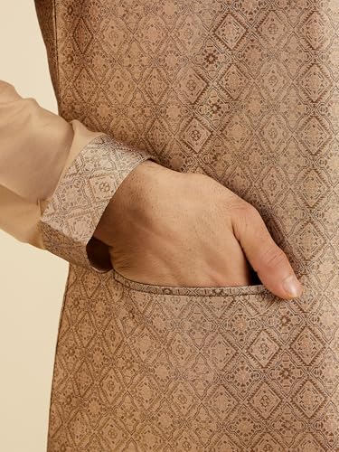 Manyavar Men's Brocade Regal Embroidered Kurta Jacket Set (Fawn,XXXL)