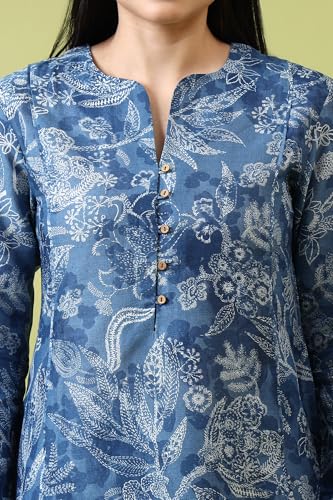 W for Woman Blue Floral Printed Pure Cotton Tunic and Pants Co-ord Set (Size: XS)-WS31228-124187