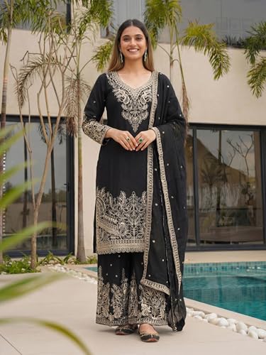 Leeli Peeri Designer Women's Chinon Silk Embroidery Kurta Sharara Set With Dupatta