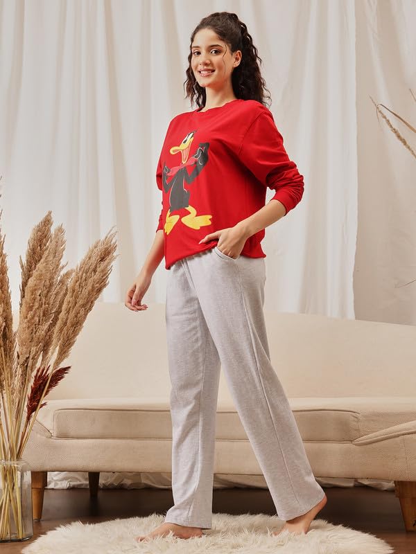 Clovia Women's Wintewear Terry Cotton Graphic Print Sweatshirt with Pyjama Set (COMLS0717_Red & Grey_L)