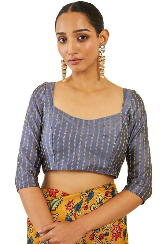 Soch Womens Mustard Crepe Saree With Floral Kalamkari Print And Zari Borders