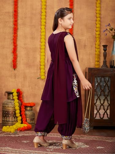 Aarika Girls Ethnic Wear Purple Colour Thread Sequin Embroidery Georgette Kurti Patiala Set With Sling Bag (4-10 Years)