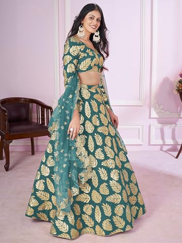 Zeel Clothing Women's Sequins Zari Embroidered Pure Georgette Semi Stitched Lehenga Choli With Dupatta (5120-Teal-Green-Wedding-Stylish-Lehenga-Choli-Latest; Free Size)