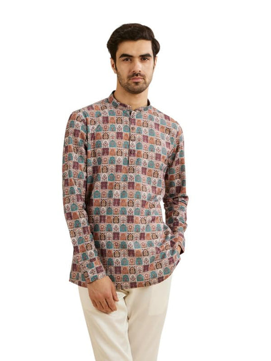 Manyavar Men's Cotton Blend Digital Print Short Kurta (Beige,XXL)