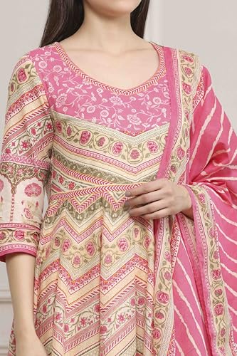 Biba Women Pink Cotton Printed Anarkali Suit Set_42
