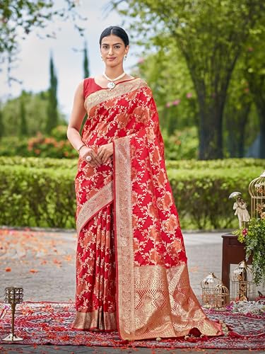 MANOHARI Women's Most Trendy Banarasi Satin Silk Woven Vibrant Red Saree With Heavy Jacquard Work Saree With Blouse Piece_MN2050