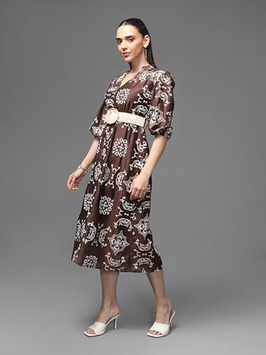 Kazo Cabo Midi Dress with Belt (Brown_XL)
