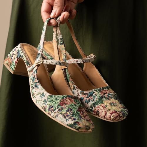 Theater Women Twiggy Multi-Color Floral Mary Jane Heels | Square Toe Slingback Block Heel Sandals with Adjustable Strap | Comfortable & Stylish Shoes for Office, Party & Casual Wear