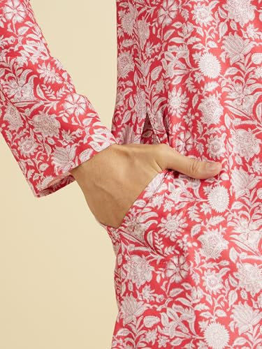 Manyavar Men's Cotton Blend Floral Print Kurta Pyjama Set (Red,XL)