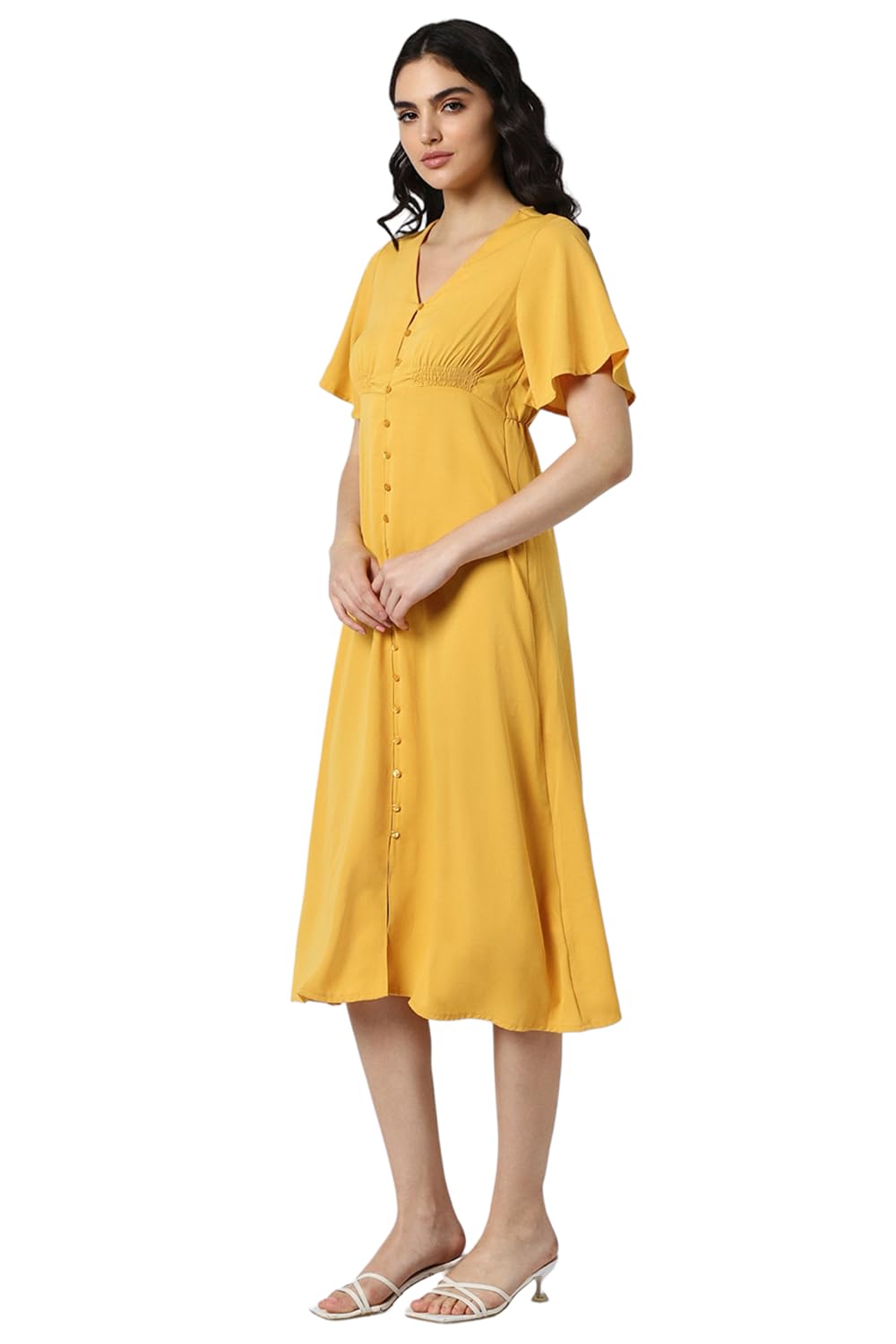 Van Heusen Women's Polyester Asymmetrical Calf Length Dress (VWDRFRGFG21143_Yellow