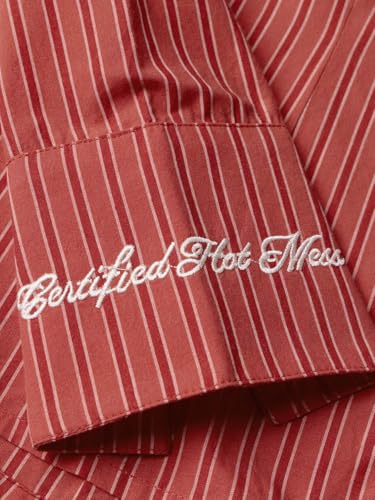 The Souled Store Hot Mess Women and Girls Full Sleeves Collared Neck Red Stripes Embroidered Cotton Slim Fit Breathable Hand-Detailed Everyday Casual Shirt