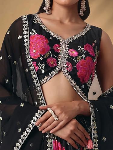 Zeel Clothing Women's Digital Print with Embroidered Chinnon Lehenga Choli With Dupatta (7098-Women-Lehenga-Choli-Latest, Free size) (Black)