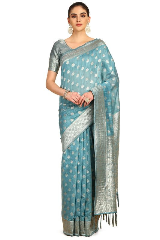 Soch Womens Turquoise Blue Tussar Woven Design Saree With Tassels