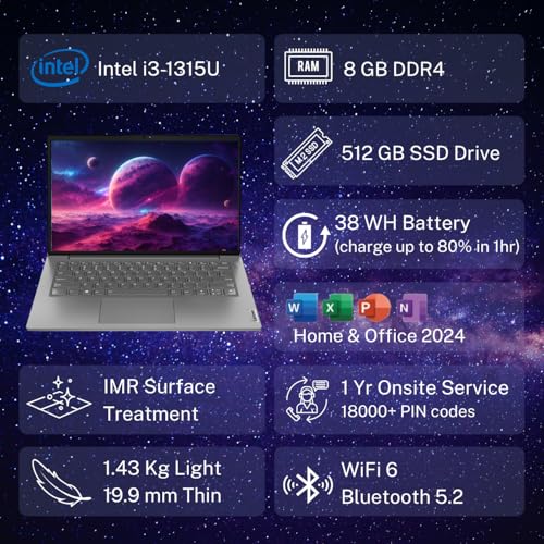 Lenovo V14 Intel Core i3 13th Gen 14" FHD (1920x1080) Antiglare 250 Nits Thin and Light Laptop (8GB RAM/512GB SSD/Windows 11 Home/Office Home 2024/Iron Grey/1.43 kg), 83A0A0PBIN