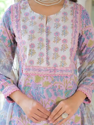 Divena Pink Cotton Block Print Straight Kurta Pant With Dupatta